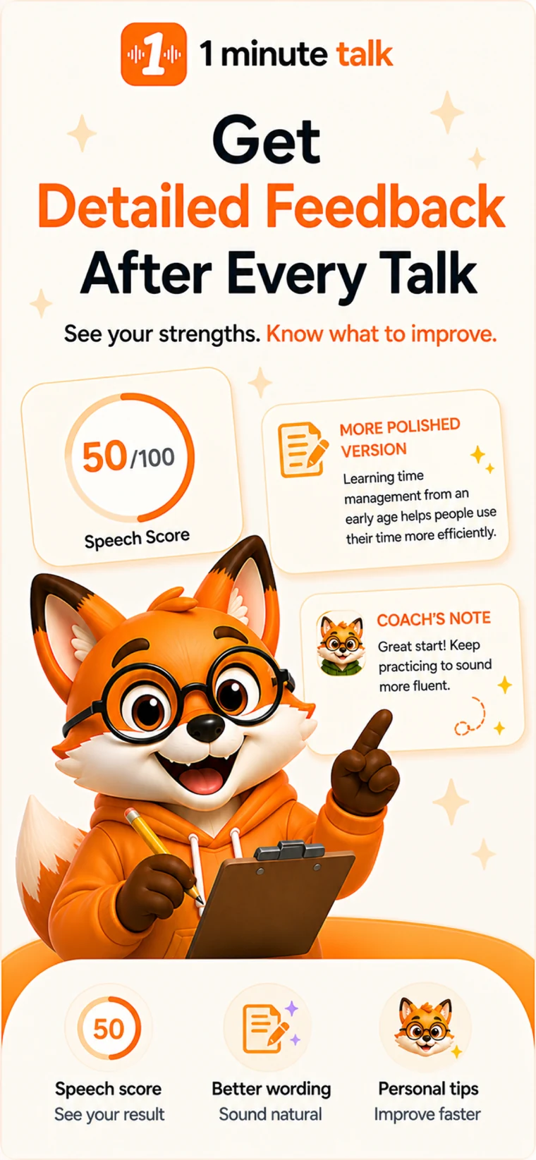 One Minute Talks feedback screen with the fox speaking coach