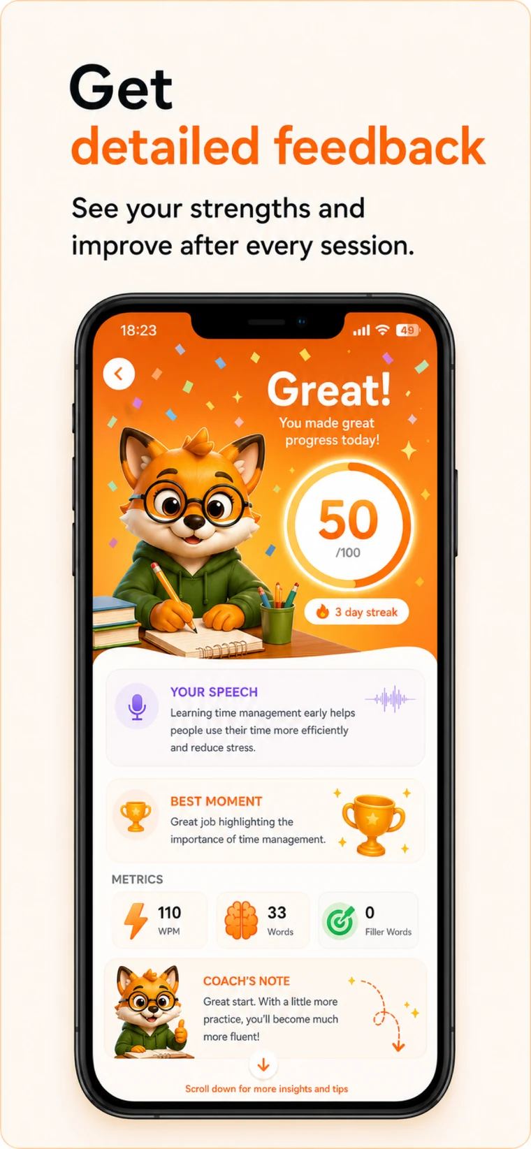 Detailed feedback screen showing speech score, metrics and coach notes